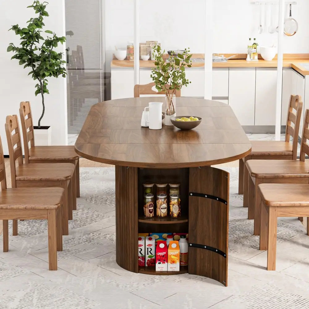 Inch Long Round Extendable Dining Table for 410, Space Saving Oval Large Dinner Kitchen Table with 3 Leaf, 2 Storage, Fluted Mi