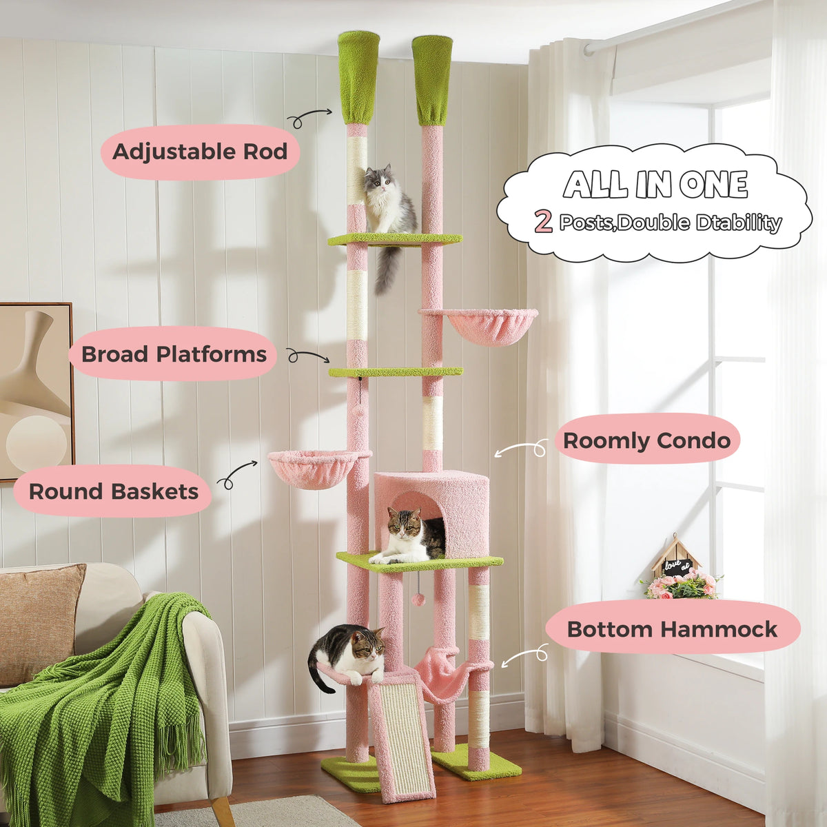 Floor to Ceiling Cat Tree for Indoor, Adjustable Height Tall Cat Tower with Sisal Scratching Post, Cozy Condo Hammock, Cat Toys