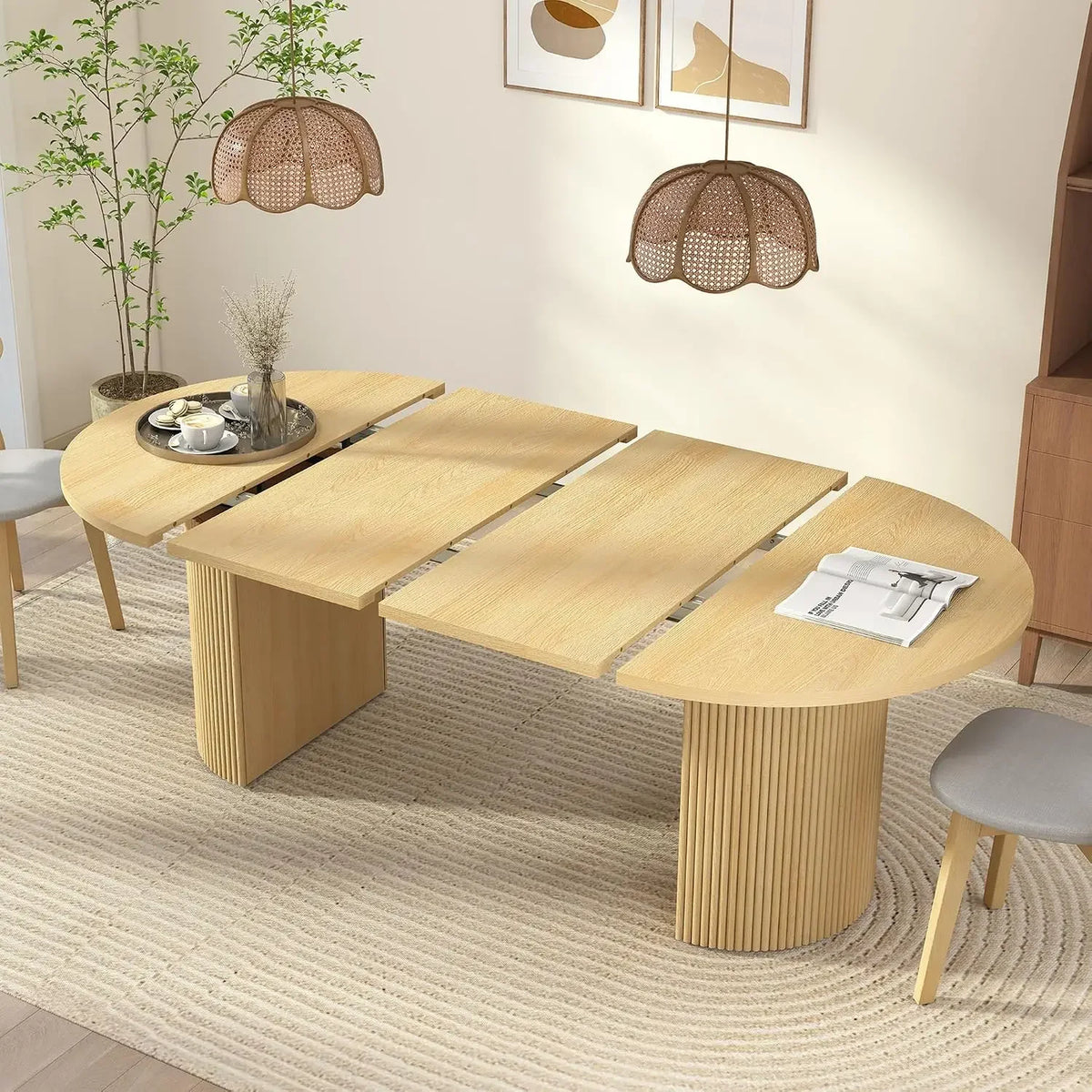 HOT 41 in-78 in Extendable Dining Room Table for 4-8, Round Expandable Kitchen Table with Fluted Base, Modern Farmhouse