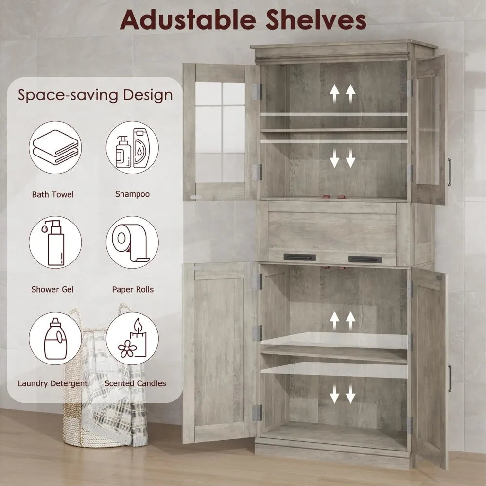 67 Tall Bathroom Cabinet with 4 Doors & Flip Glass Drawer, Storage Cabinet with Adjustable Shelves, Freestanding Organize