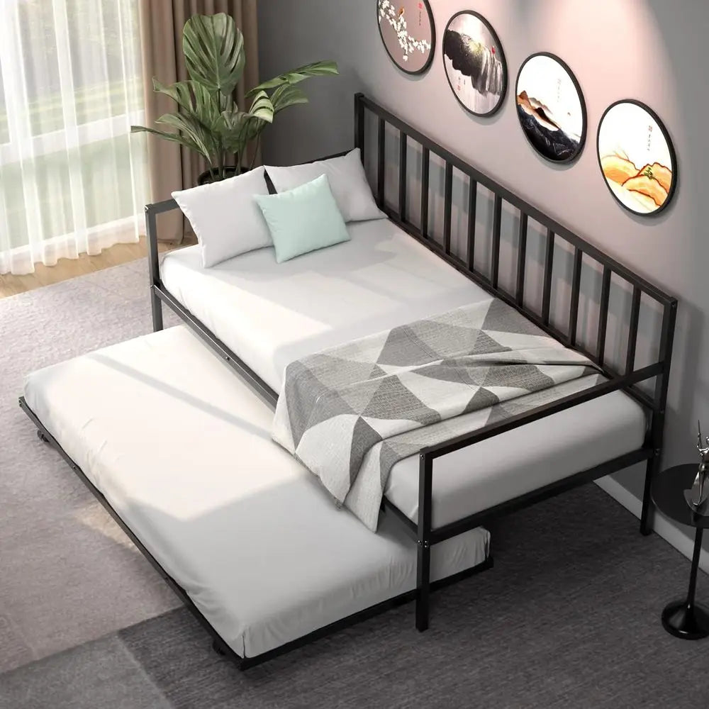 Metal Twin Daybed with Trundle, Casters, No Box Spring Needed, Suitable for Adults, Teens, Kids, Living Room, Guest Room, Black