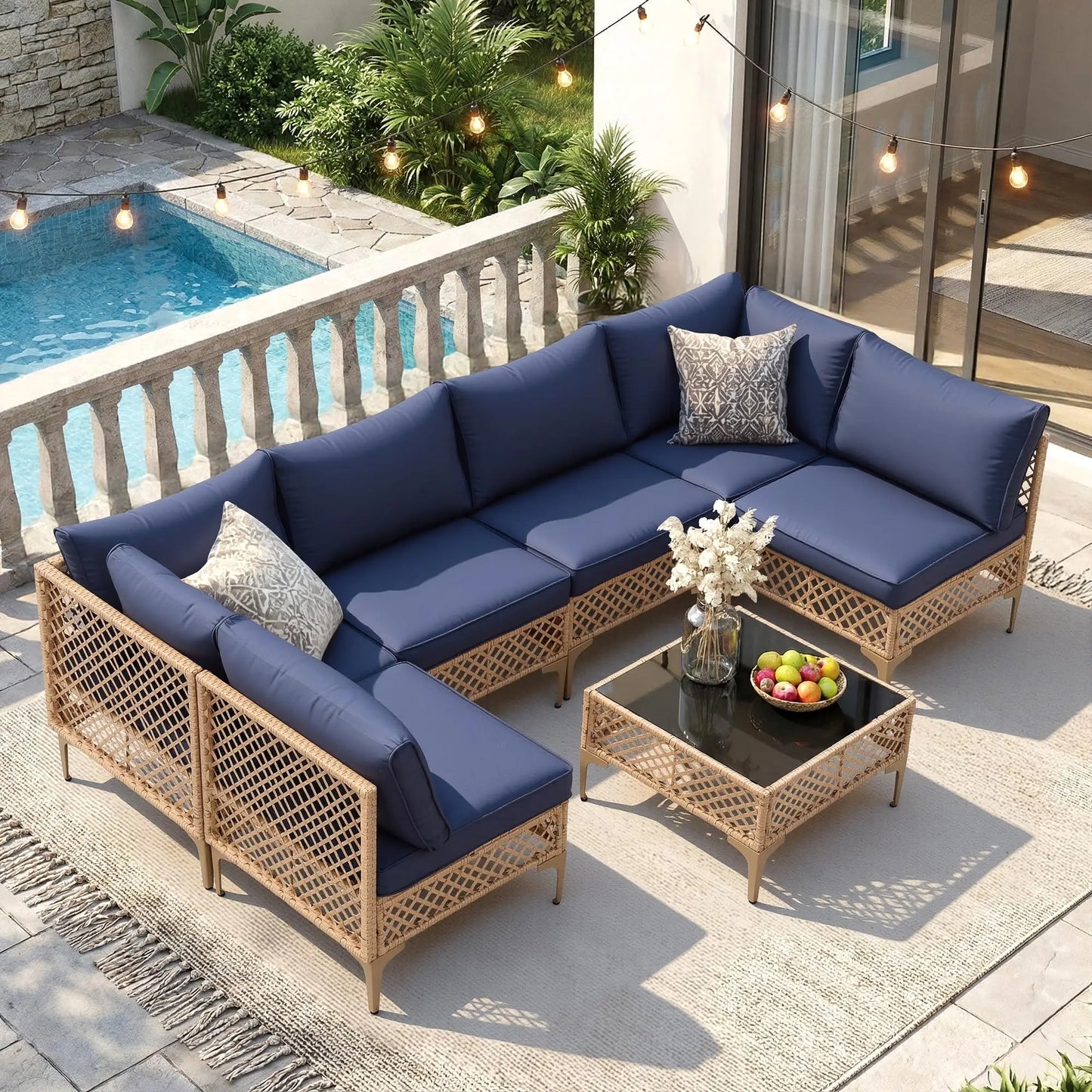 Seven Piece Outdoor Patio Wicker Sectional Rattan Sofa Set