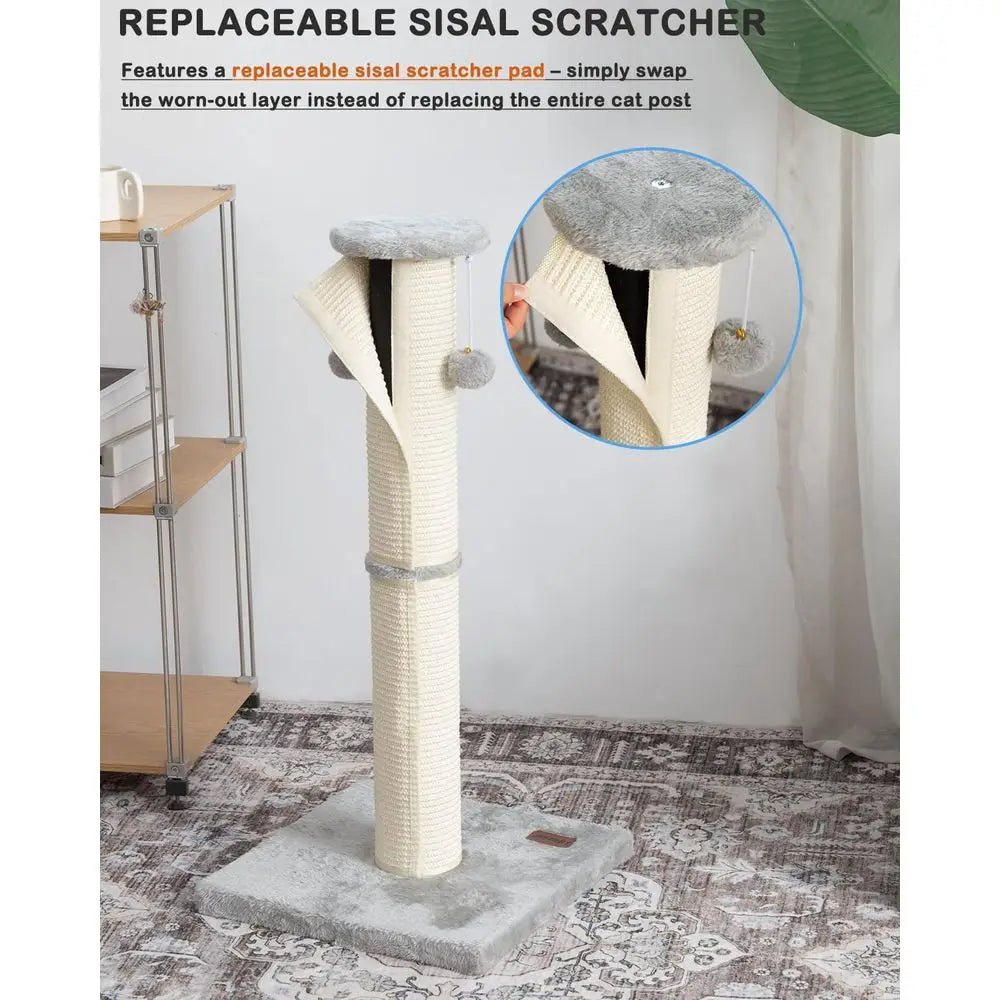 34 Inches Large Sturdy Cat Post with Sisal Scratcher and Hanging Ball Scratching Post for Indoor Cats Adult Grey