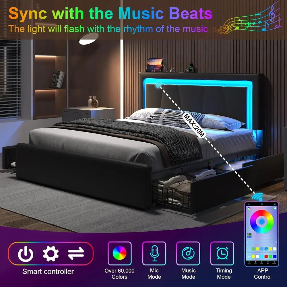 RBXC Upholstered Bed With Storage Drawers LED Lights Charging Station