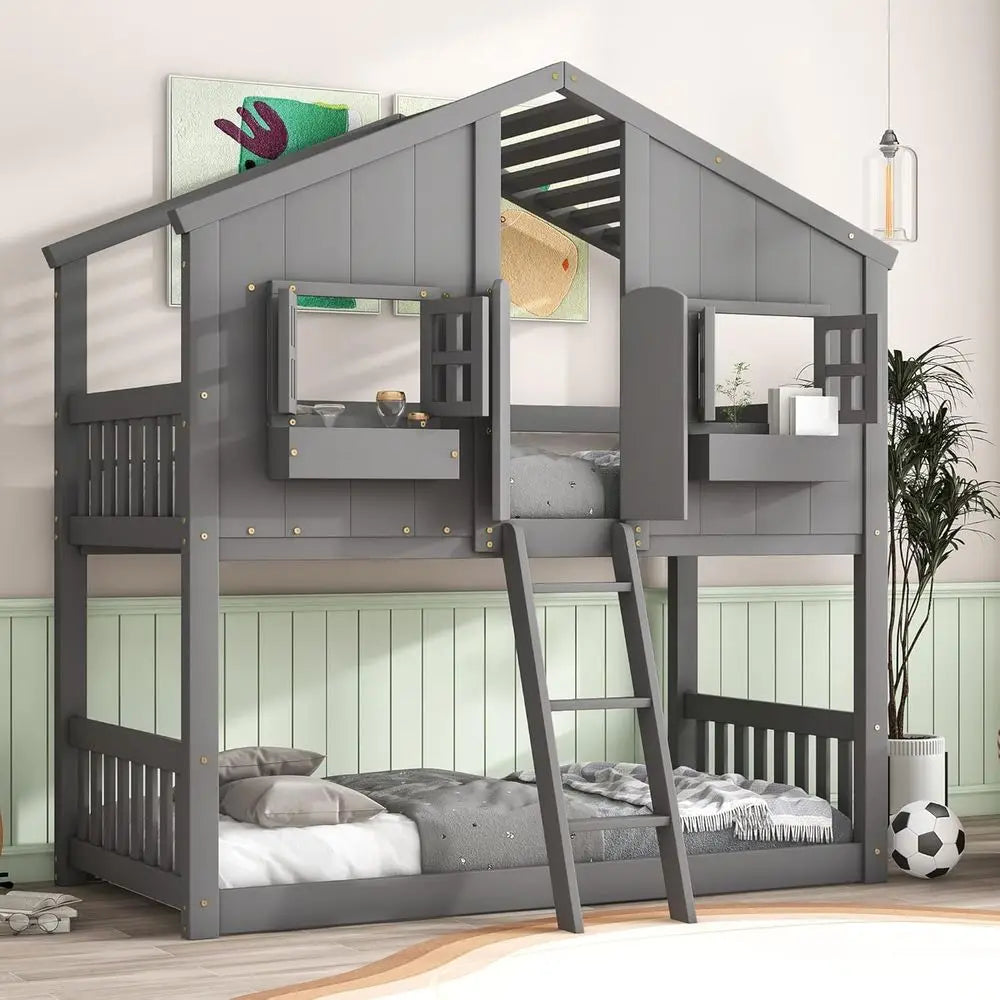 Twin Over Twin Bunk Bed with Playhouse, Ladder, Guardrails, Grey