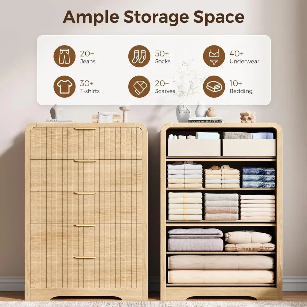5 Drawer Tall Dresser with Curved Profile Design, Suitable for Bedroom, Natural Oak Finish