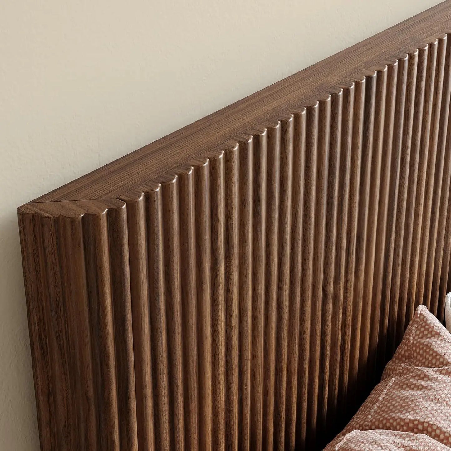 Walnut Queen Platform Bed Frame Fluted Mid Century Modern Boho No Box Spring Wavy Grooved Panel, Customized