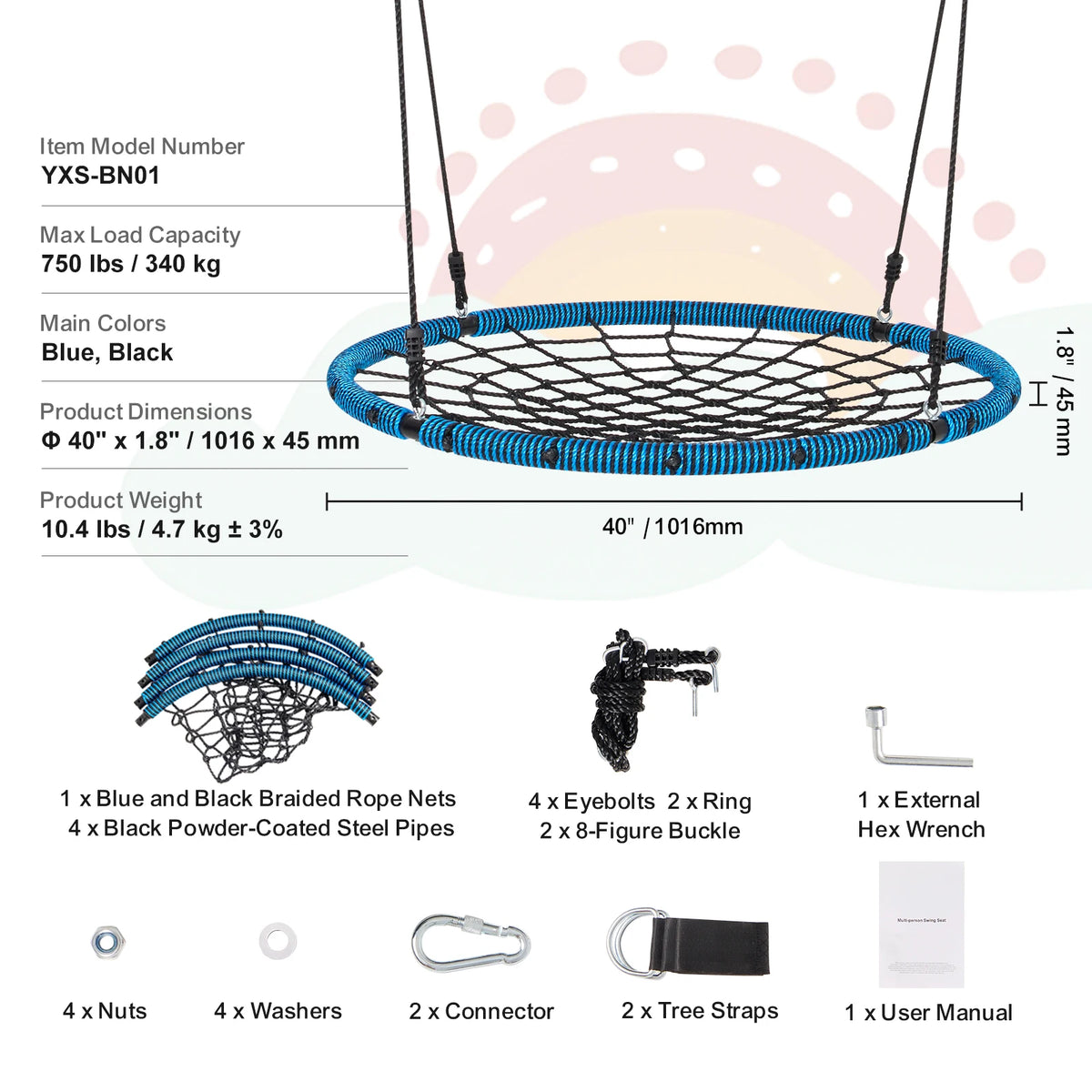 SucceBuy Tree Swing, 40In Saucer Swing 750lbs Capacity 900D Oxford Fabric Swing Seat with 2 Hanging Straps for Kids Outdoor Blue