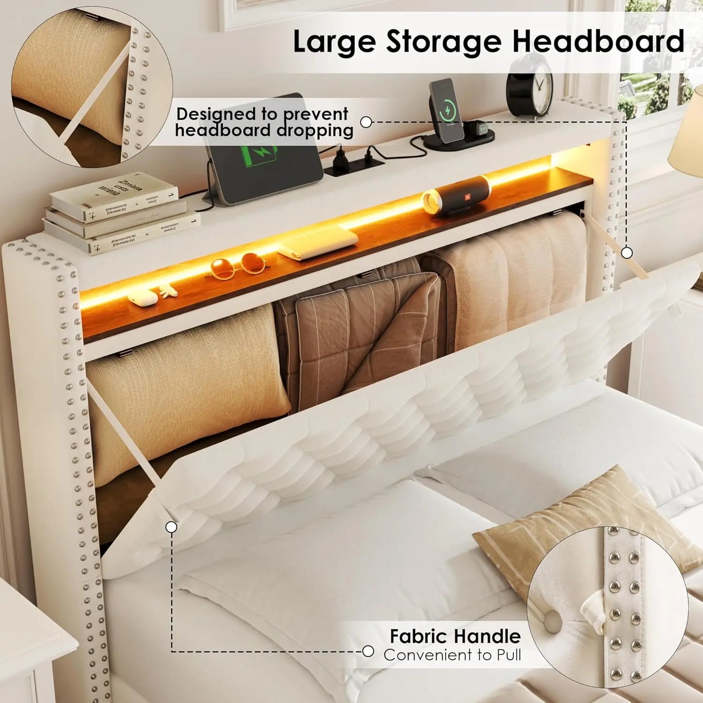 Queen LED Storage Bed Frame USB Charging Velvet Upholstered 2 Drawers Tufted Headboard No Box Spring, Customized