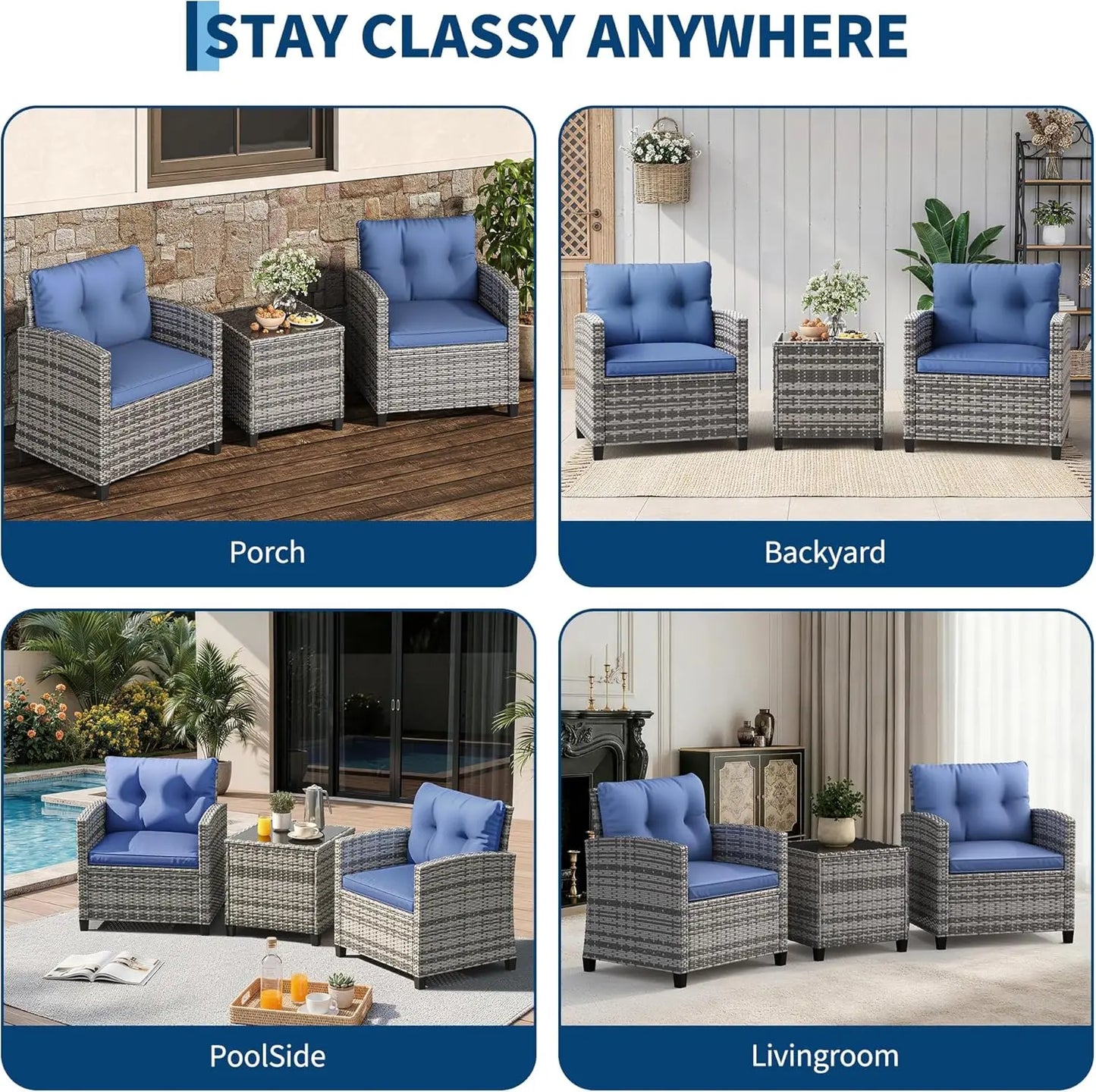 3 Pieces Office Furniture Set for Meeting Relaxation Interview Talking, Outdoor Wicker Rattan Chairs with Side Table, All-Weather Conversation Set with Cushions for Balcony, Porch, Backyard