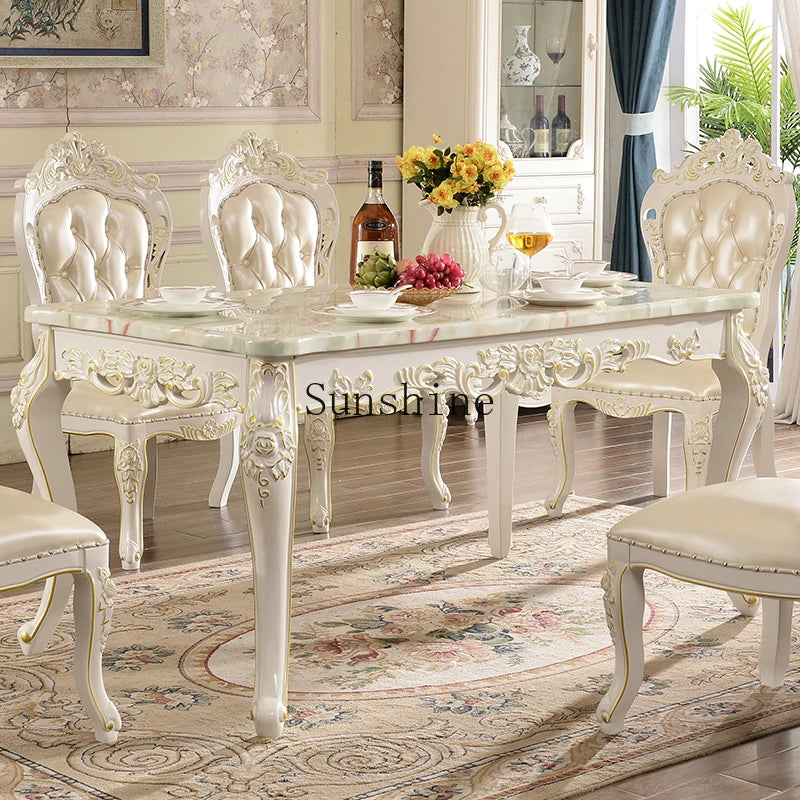 European Marble Dining Table And Carved Solid Wood Chair Set
