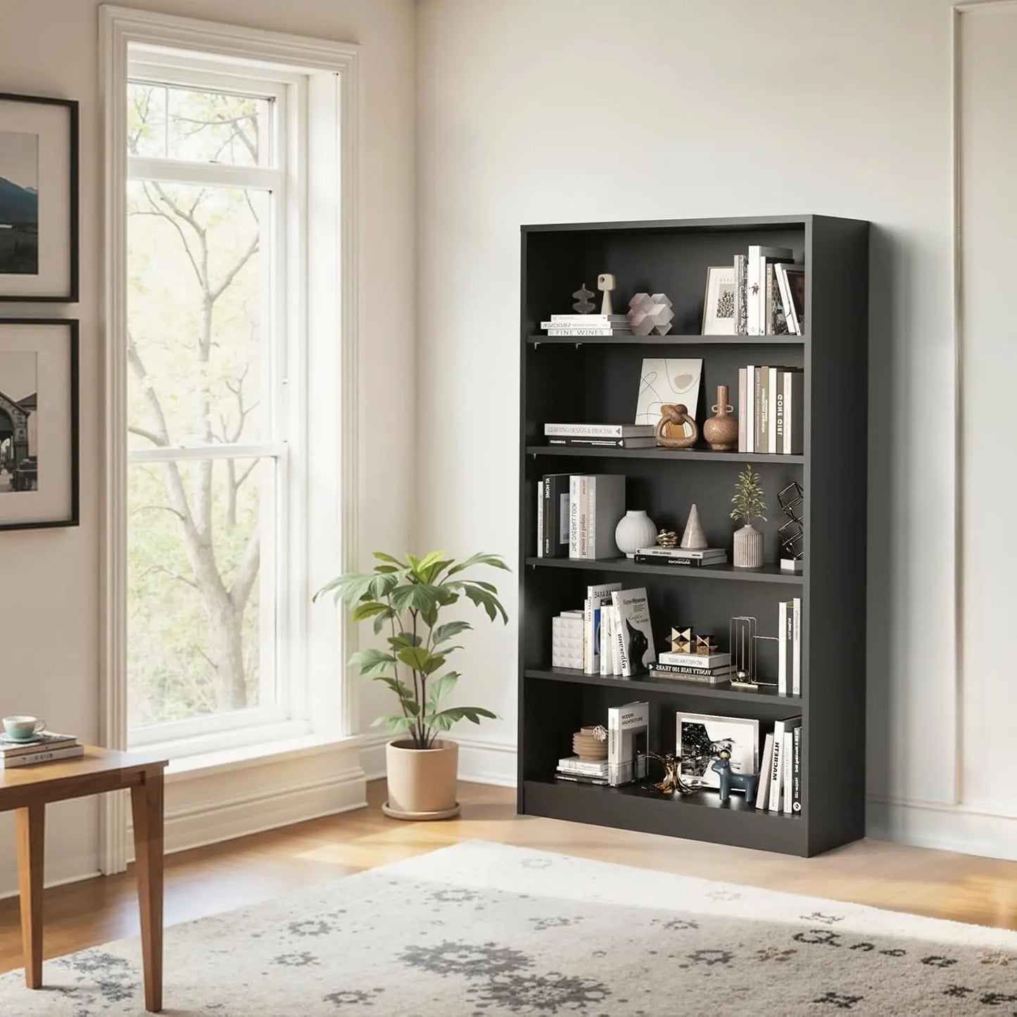 Engineered Wood Five Shelf Bookcase Featuring Adjustable Storage Organizer