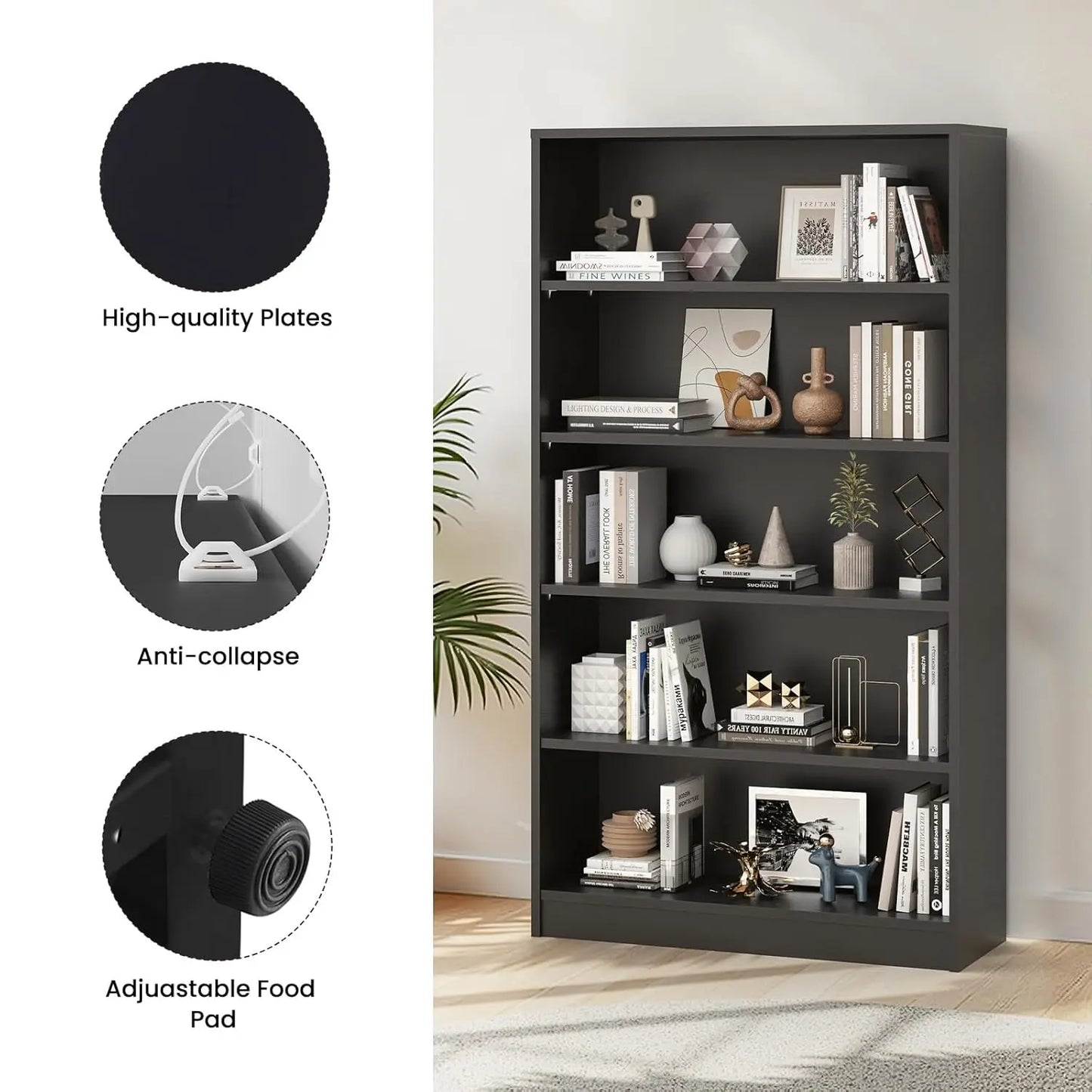 Engineered Wood Five Shelf Bookcase Featuring Adjustable Storage Organizer