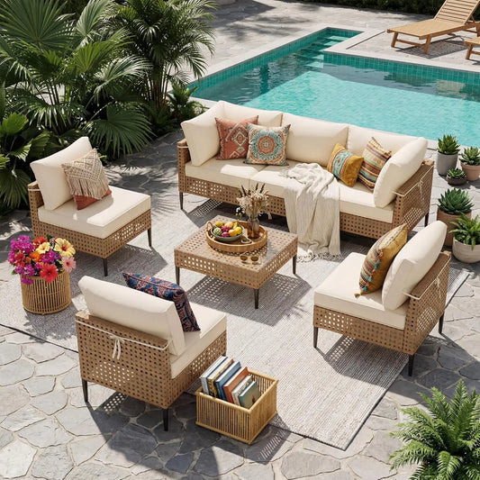 Wicker Patio Furniture Set, 7-Piece Modular Outdoor Furniture Set, High-Leg Design Sectional Patio Sofa with Glass, Customized