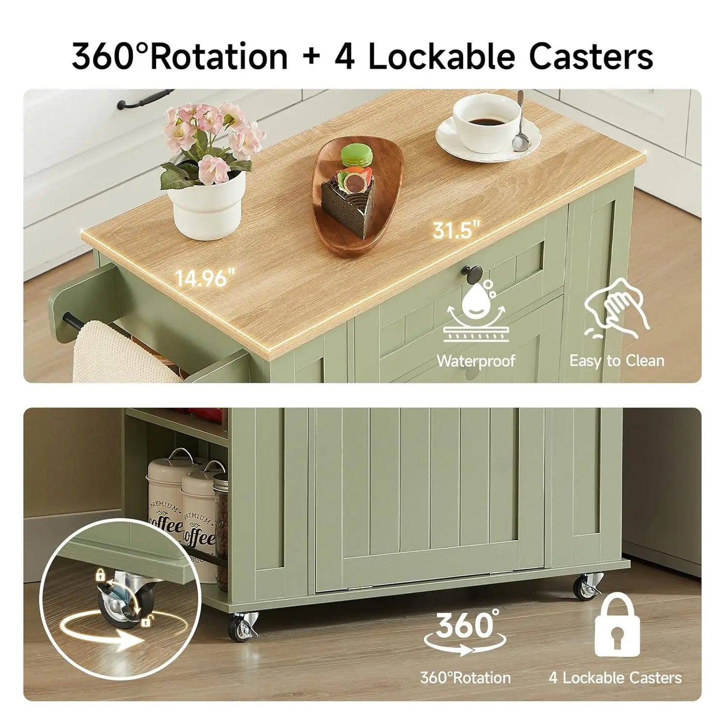 35" Kitchen Island with Trash Cabinet & Power Outlet, Rolling Cart with Drawer, 6-Tier Spice Rack, Portable Sideboard for Dining