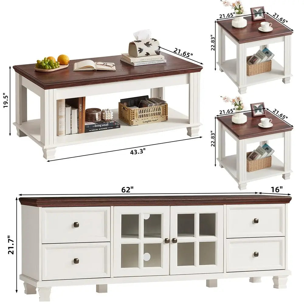 Classic Farmhouse TV Console And Rustic Coffee Table Set