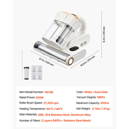 Mattress Vacuum Cleaner 18KPa Suction Dual Dust Bin HEPA Filter