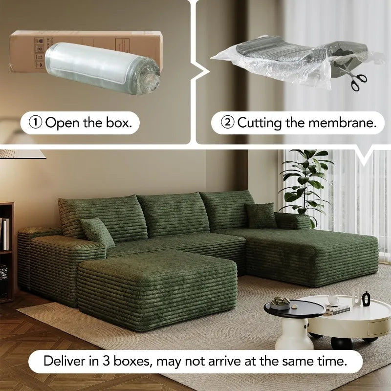 Sectional Sofa Modern Modular U Shape Corduroy Couch Living Room