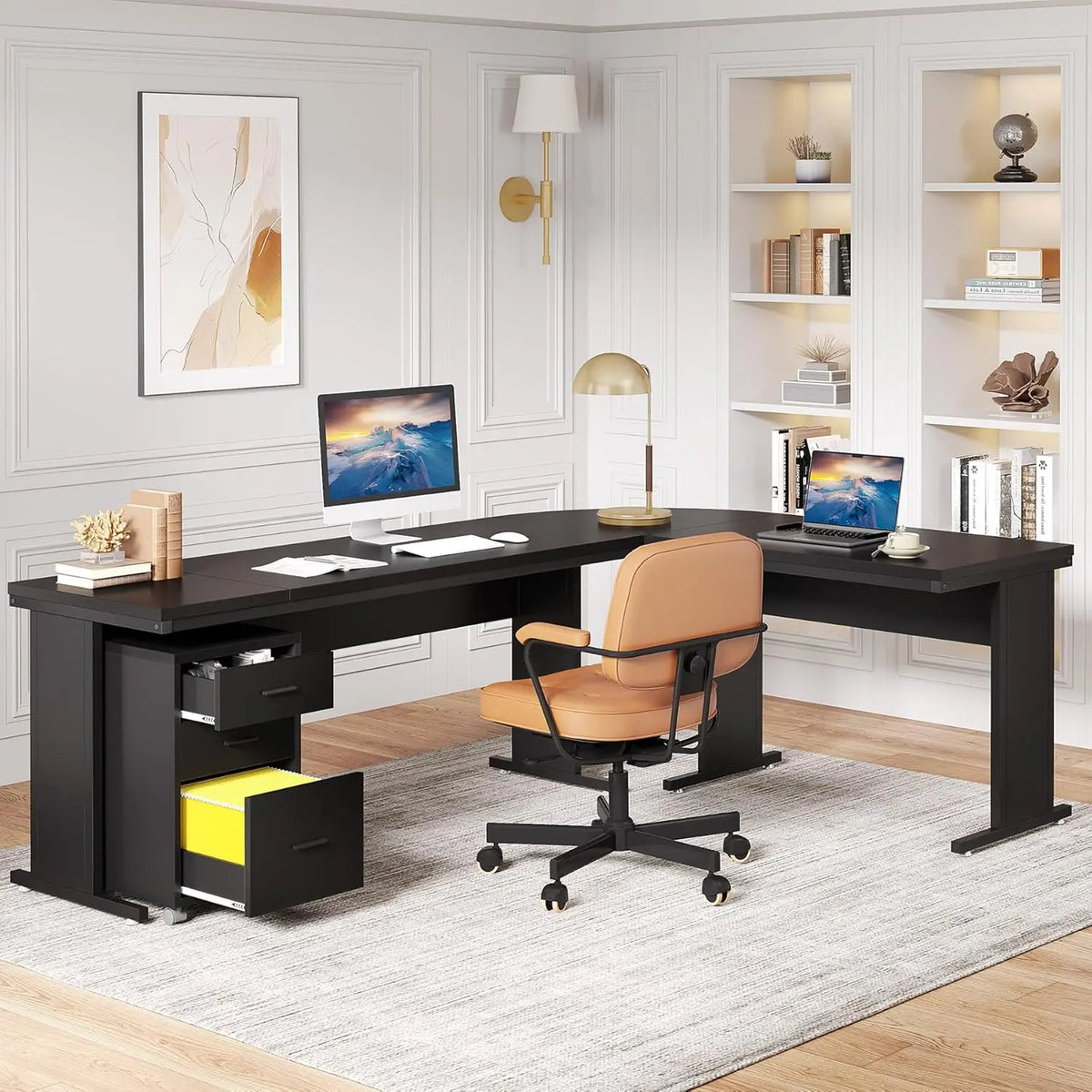 L Shaped Executive Desk with 3 Drawer File Cabinet Industrial Corner Computer Workstation for Home Office Black