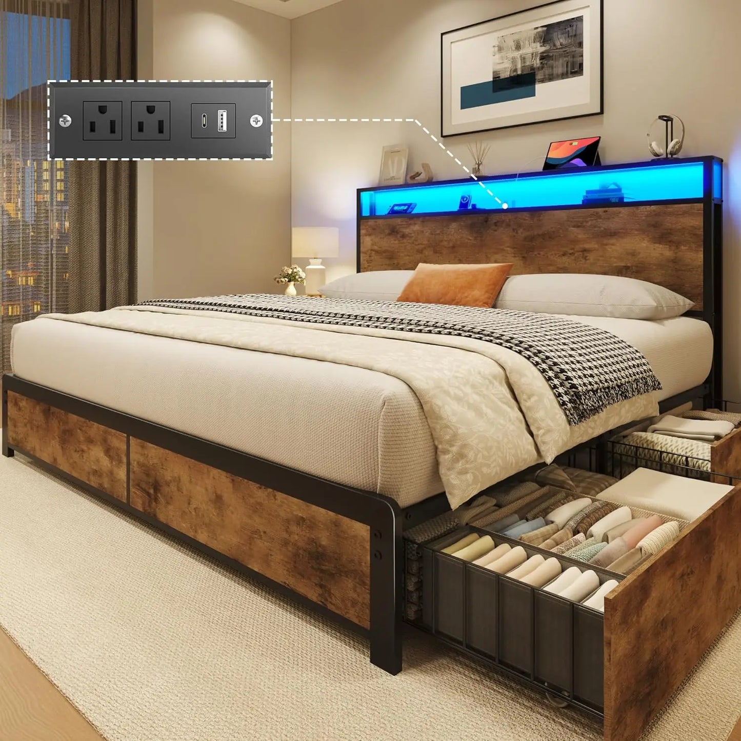 Queen Bed Frame Storage Headboard Metal Platform 4 Drawers Charging Station LED Noise-Free No Box Spring Rustic Brown, Customize