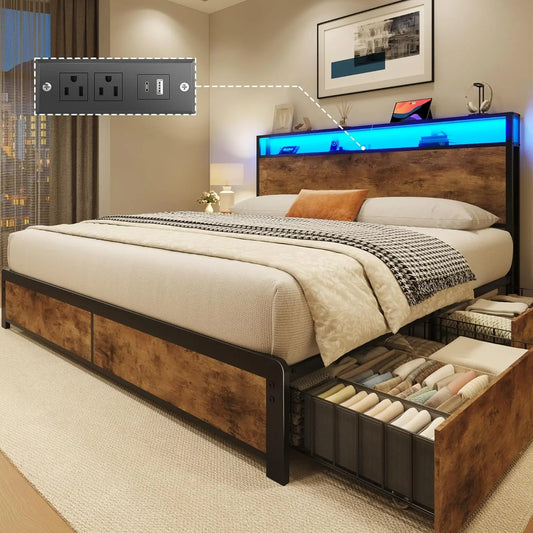 Queen Bed Frame Storage Headboard Metal Platform 4 Drawers Charging Station LED Noise-Free No Box Spring Rustic Brown, Customize