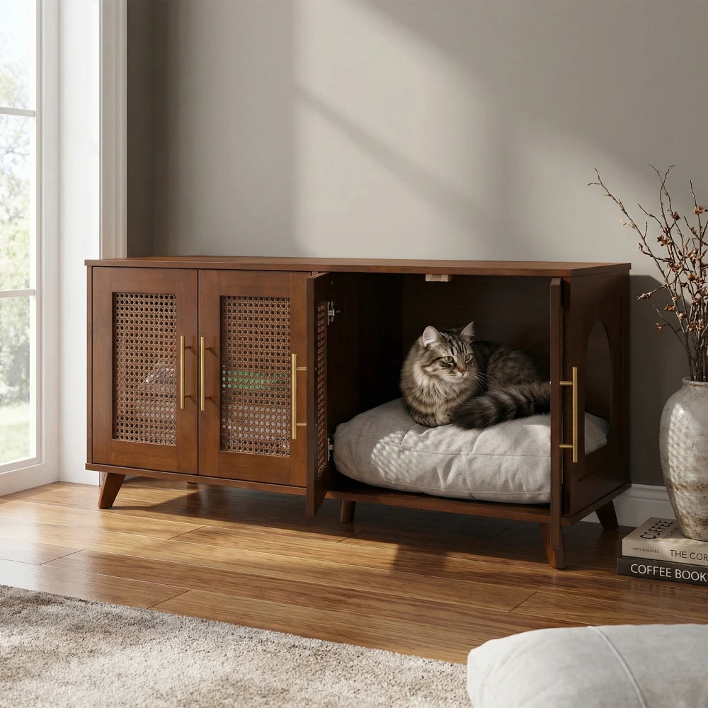 Myra Indoor Premium Rubber Wood Cat Cabinet with Plush Cushion – Stylish Hidden Pet Furniture for Modern Living Spaces Products