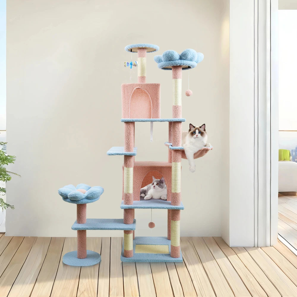 71 Inch Flower Cat Tree, Multi Level Cat Tower Indoor Cats with Large Condo, Removable Flower Cushion, Soft Hammock Pet Products