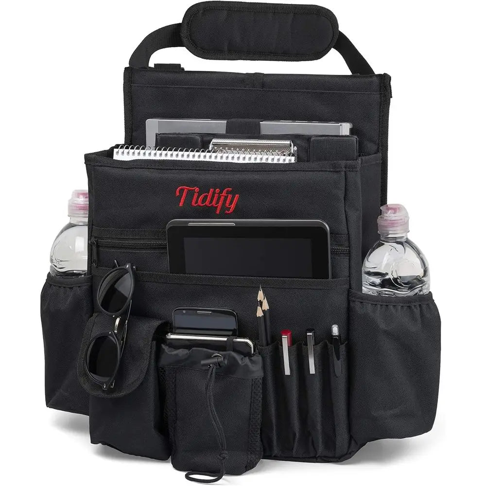 Car Front Seat Organizer with Dedicated Tablet and Laptop Storage, Stabilizing Side Straps, Adjustable Shoulder Strap, and Harde