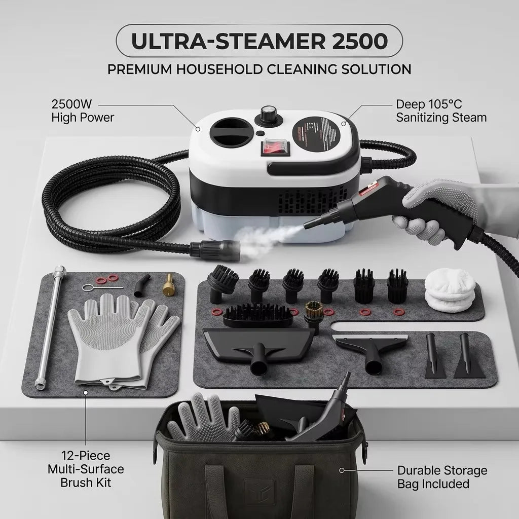 New Universal 2500W Handheld Steam Cleaner High Pressure Household Car Steam Cleaning Machine Portable Multi Purpose For Home Kitchen Bathroom Carpet Sofa Floor Window Tile Grime Removal Durable Easy Use With Nozzle Brush Sto