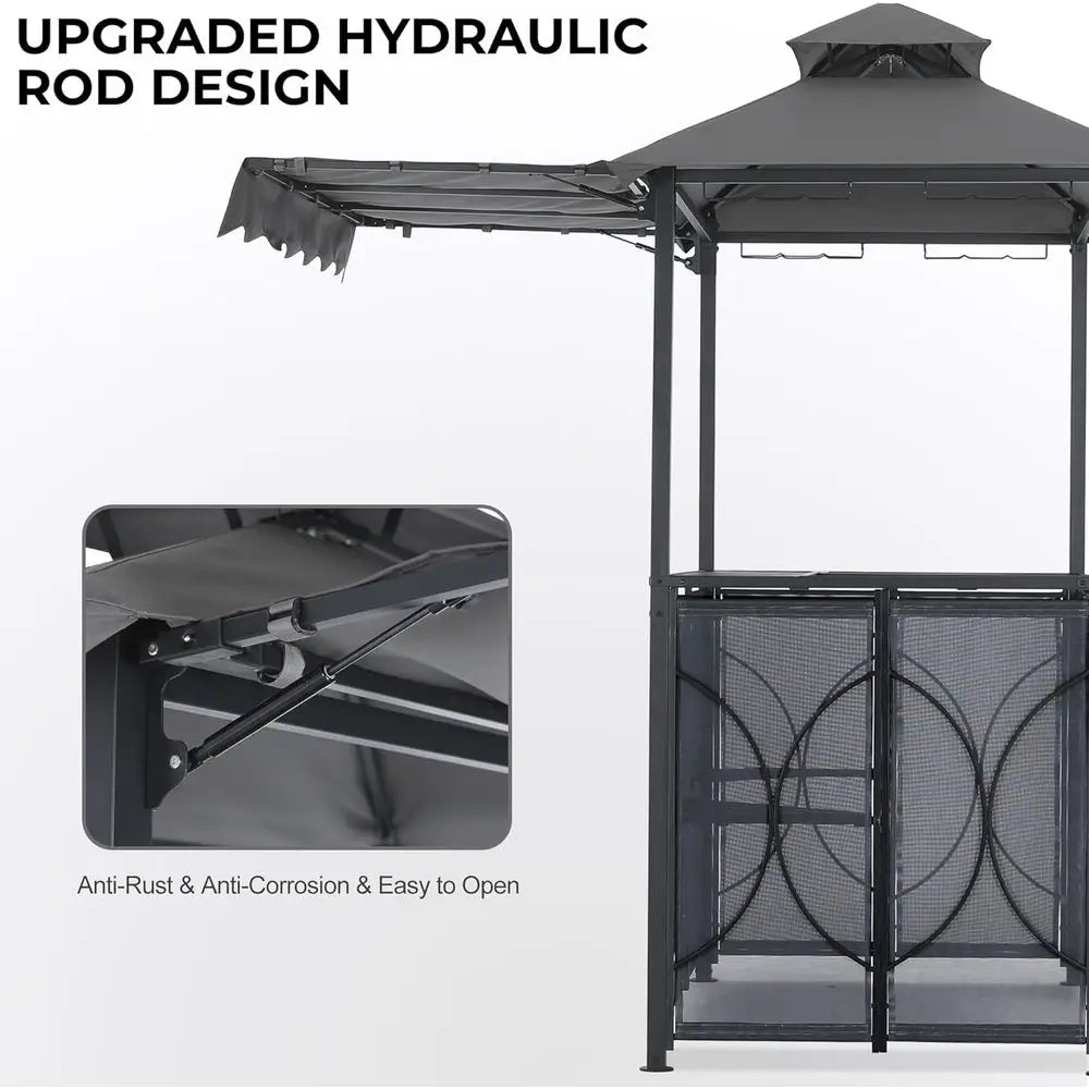 Grill Gazebo with Extra Awning - 6.4'x6.8' Outdoor BBQ with Bar Table and 2 oldable Chairs, Barbecue with LED Lights or Backyard