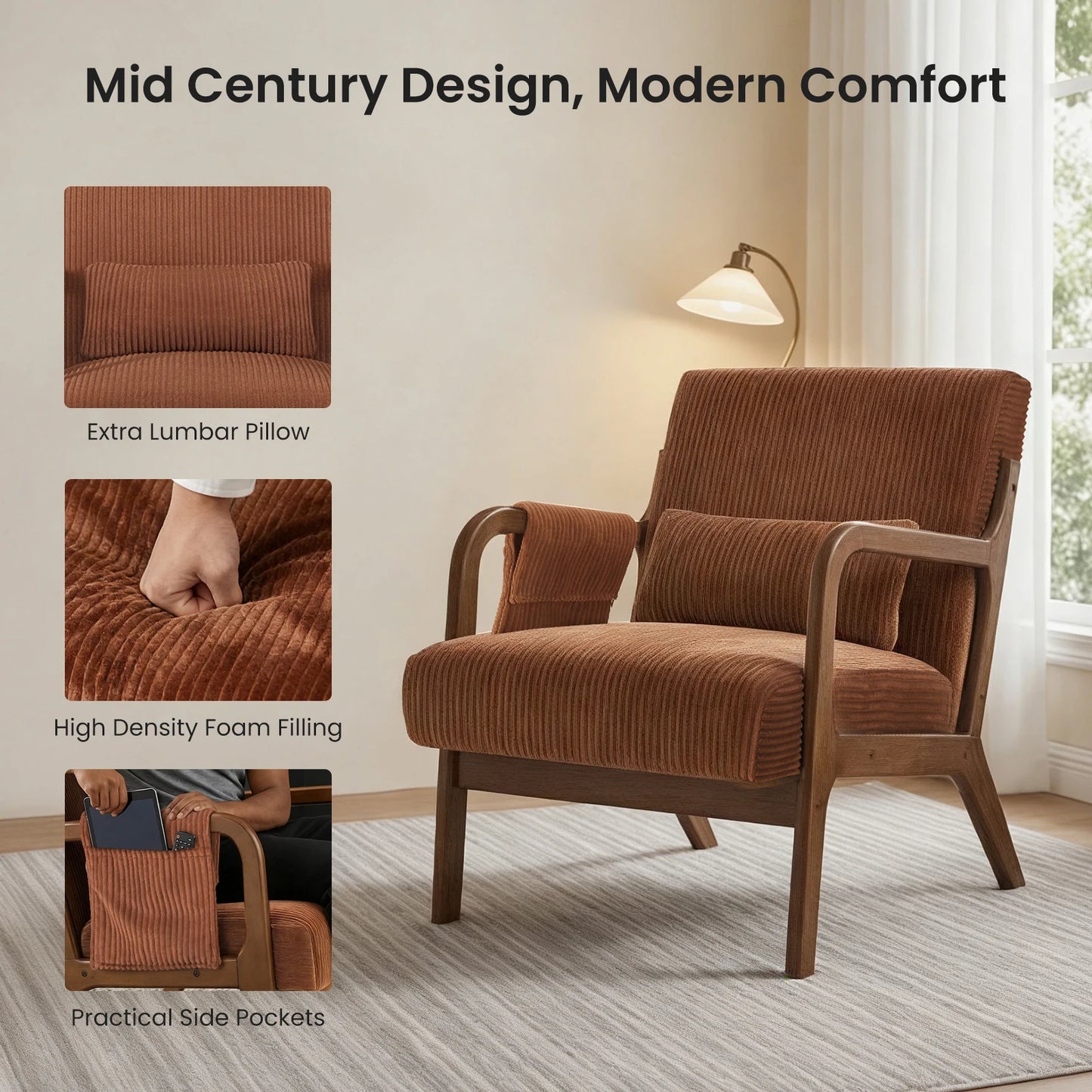 MCQ Mid Century Solid Wood Office Chair With Lumbar Support