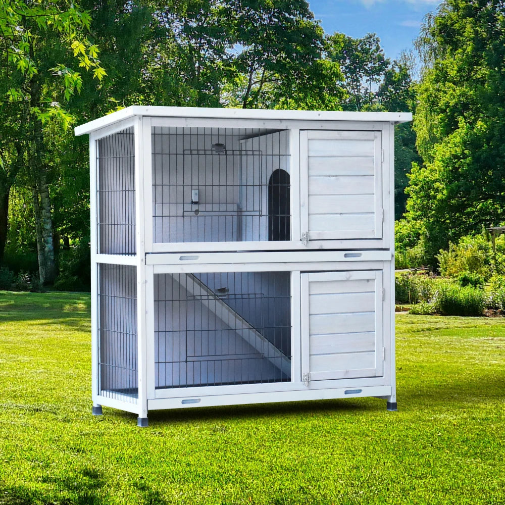 Rabbit Hutch Outdoor 2-Story Rabbit Cage Indoor with Run Bunny Cage with 2 Removable No-Leak Trays Pet Cages with Non-Slip Ramp