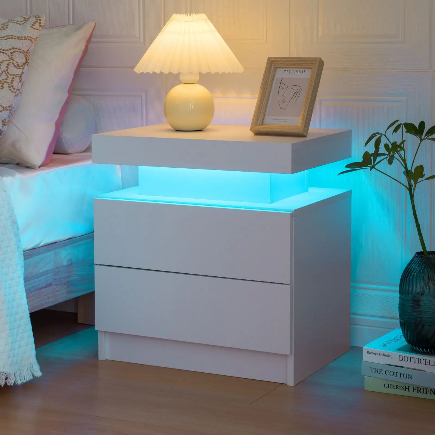 Cubehom White LED Nightstand With 2 Drawers And RGB Lights