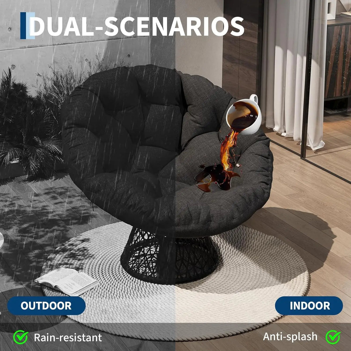 40 Inch Wicker Papasan Chair With 360° Swivel Base, 6-8 Inch Thick Cushion, Steel Frame Round Lounge Chair For Living Room Bedroom