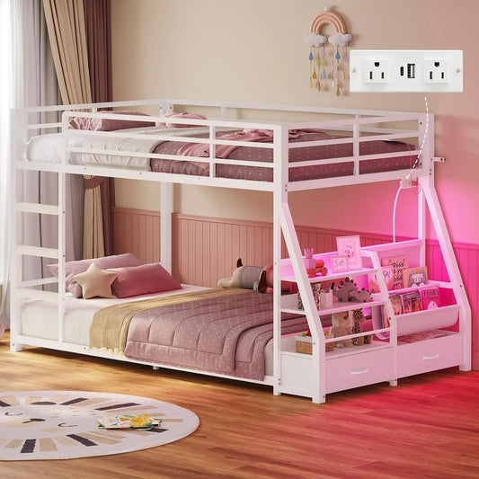 Low Bunk Bed With Bookshelves, Storage Drawers, Power Outlet, LED