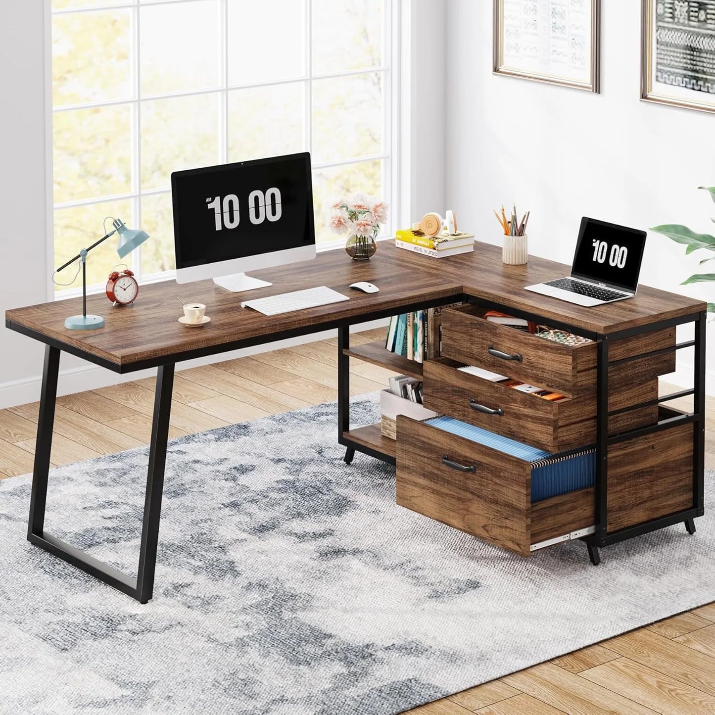Little Tree L Shaped Computer Desk With Three Drawers