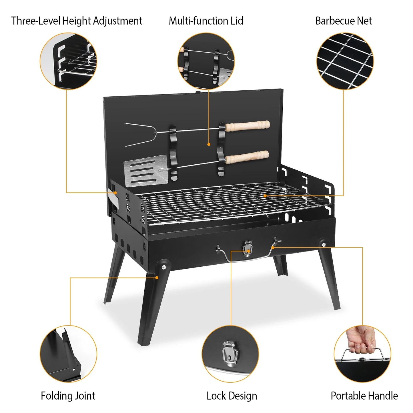 Portable Charcoal BBQ Grill Foldable Legs With 3 Level Height