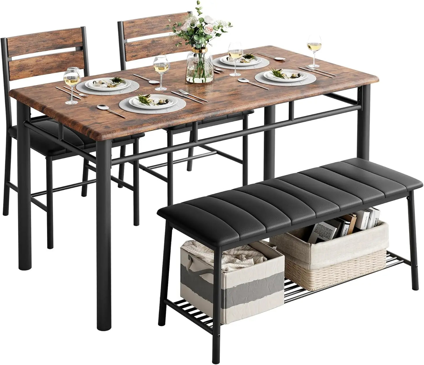 IRONCK Dining Table Set With Upholstered Bench And Two Chairs