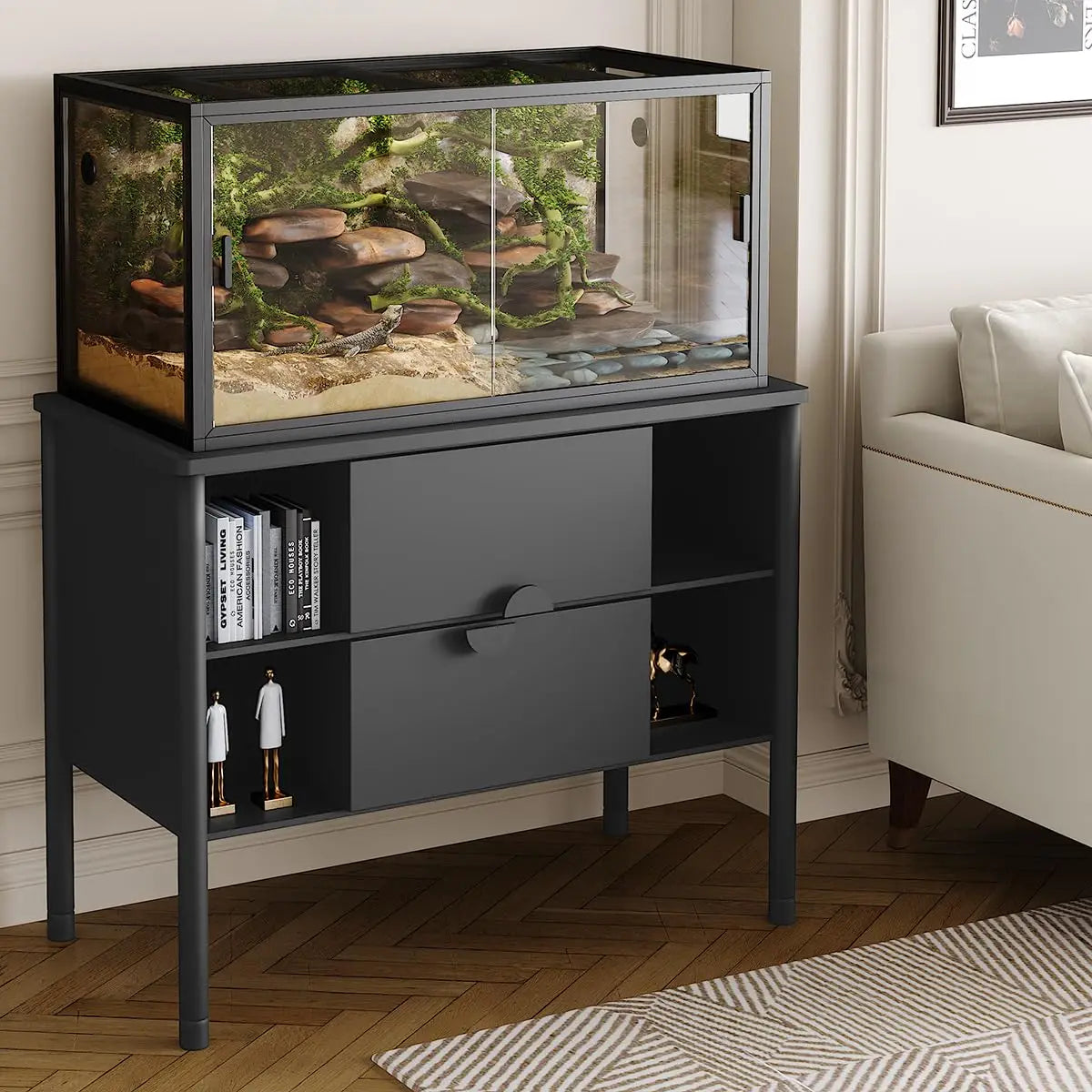Reptile Terrarium Enclosure With Sliding Glass Doors And Ventilated Top