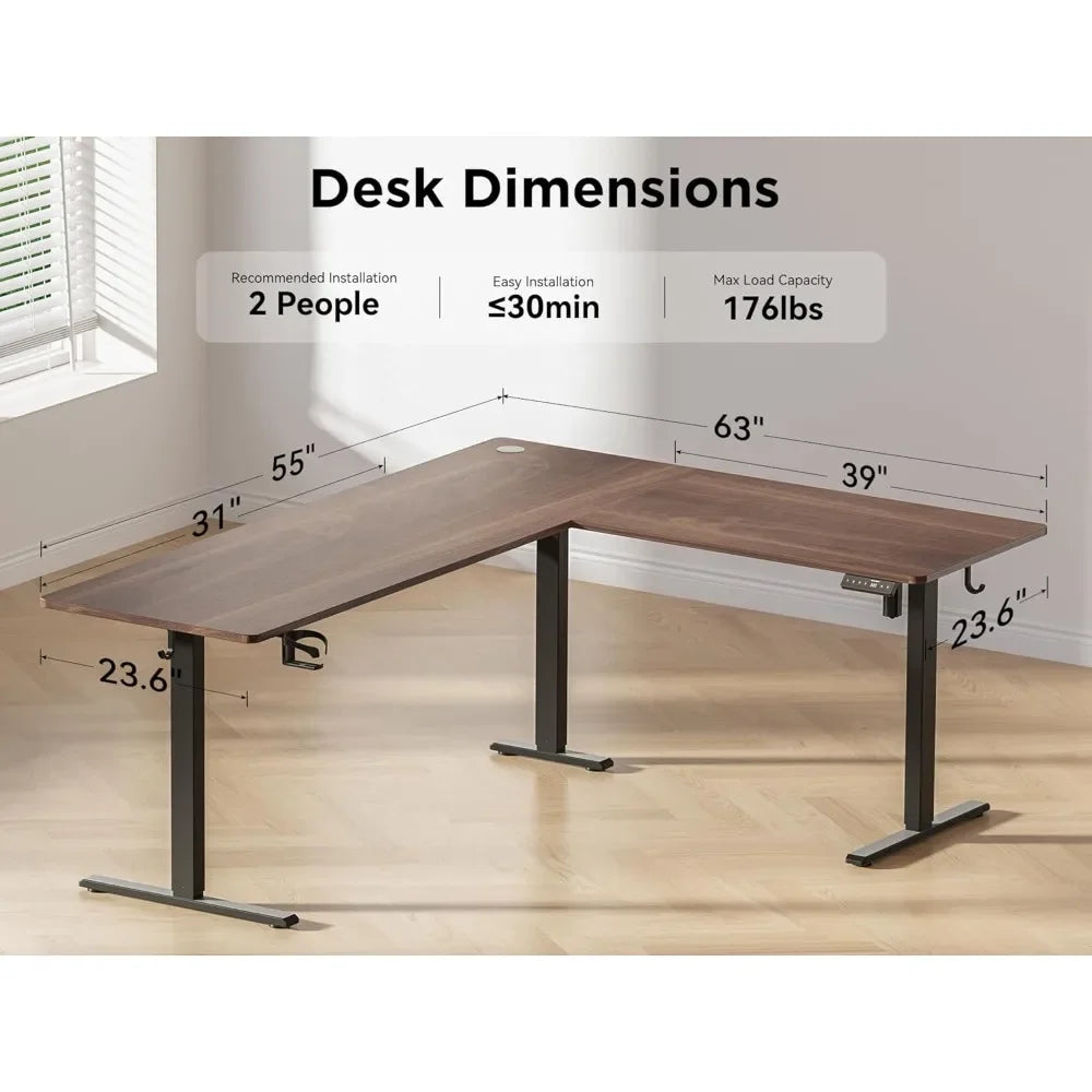 63X55 Inches Reversible L Shaped Standing Desk Height Adjustable with Cup Holder, Electric Corner Computer Desk, Sit Stand up