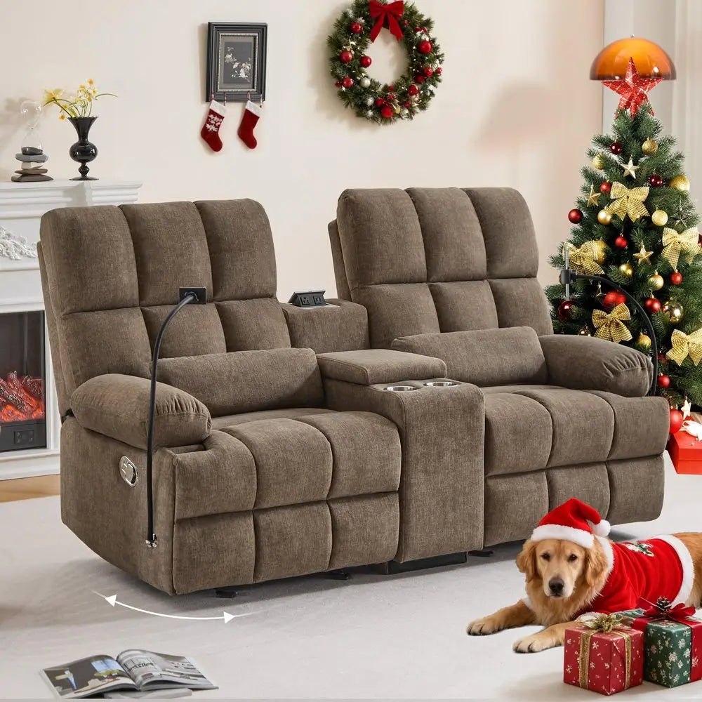 Rocking Reclining Loveseat, PetFriendly Fabric Sofa with 11 Deep Storage Console amp Hidden Outlet, Manual Recliner Couch with