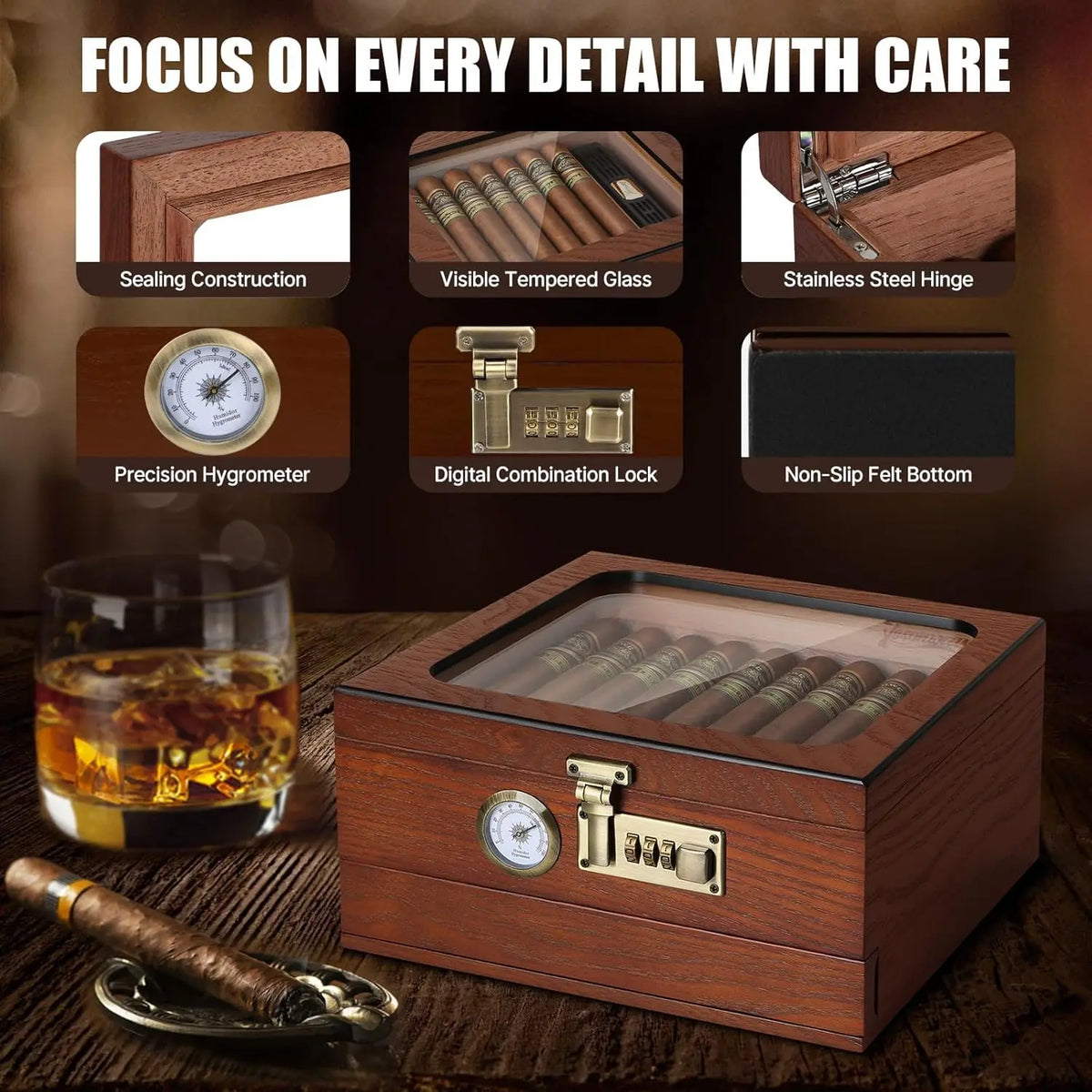 Tesonway Cedar Wood Cigar Humidor Box With Glass Top