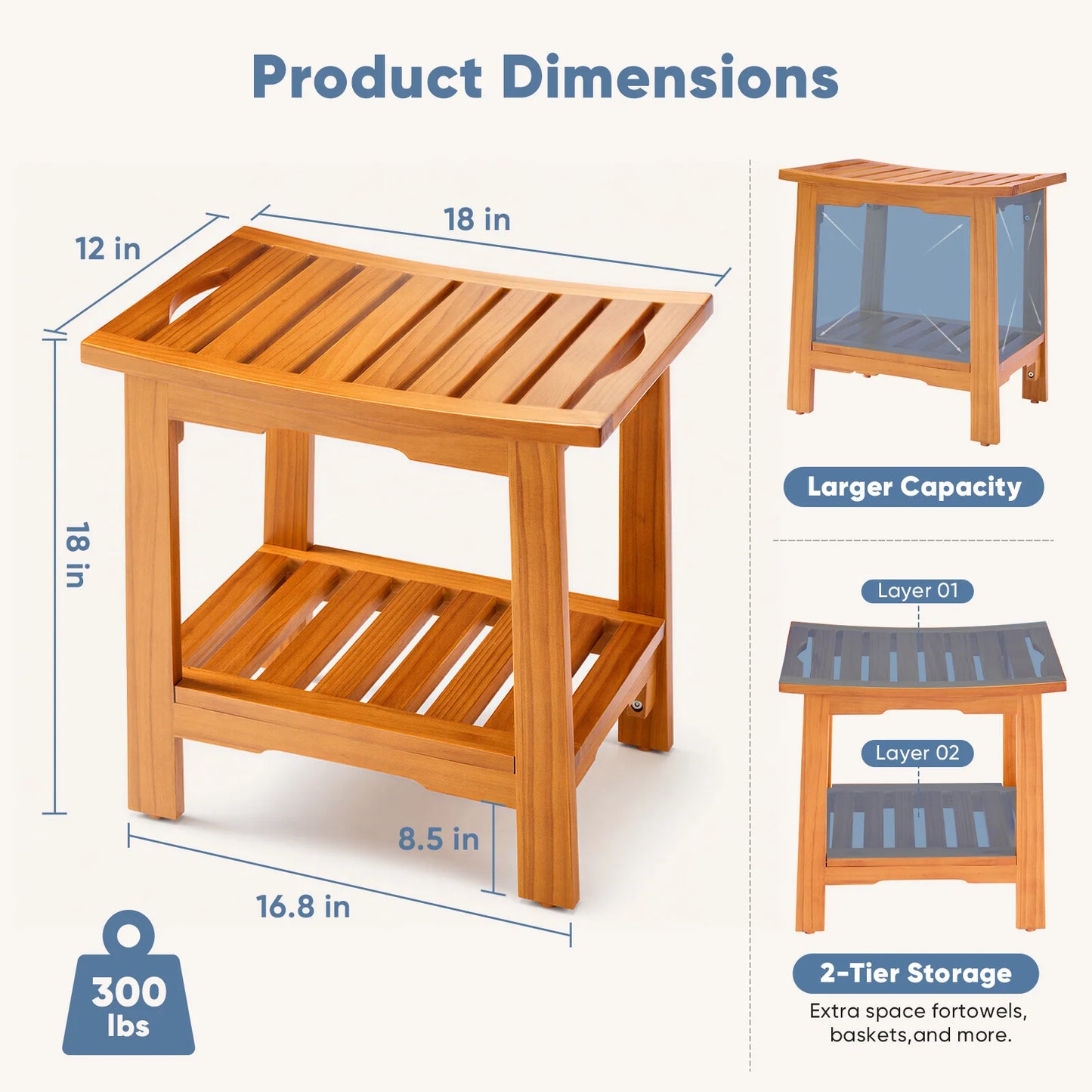 JHK Wooden Bathroom Shower Bench With Storage Shelf Handles