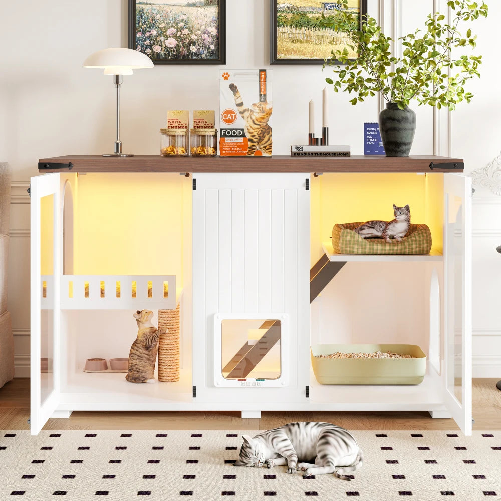 Large Cat Litter Box Enclosure with LED Light, Hidden Litter Box Furniture, Cat House with Stairs and Cat Scratching Post