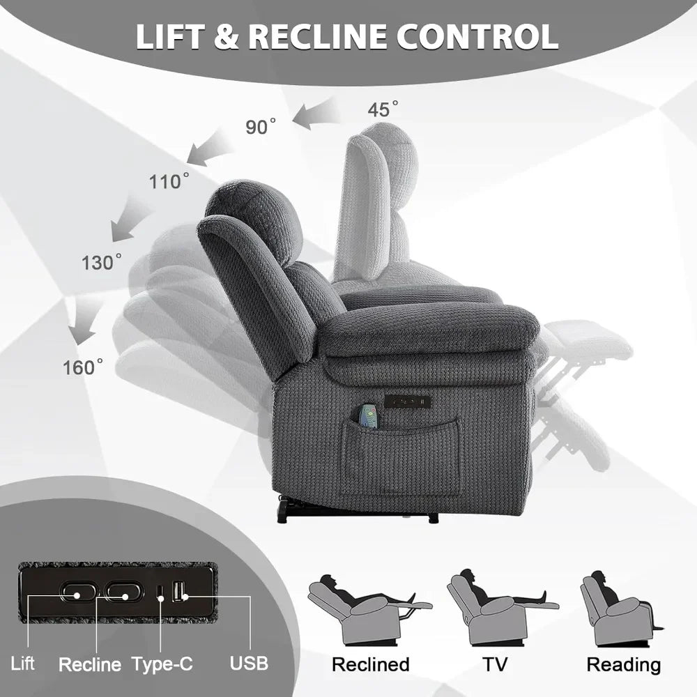 46" Oversize Power Lift Recliner Chair, Extra Large Electric Recliner for Elderly, Massage Heat USB-C, Grey