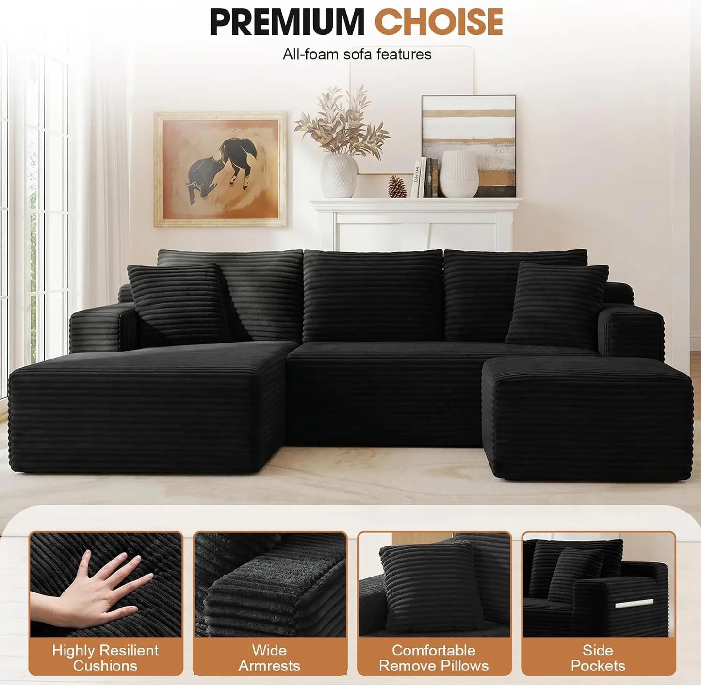 Modular Corduroy Sectional Sofa With Ottoman And Sleeper Design