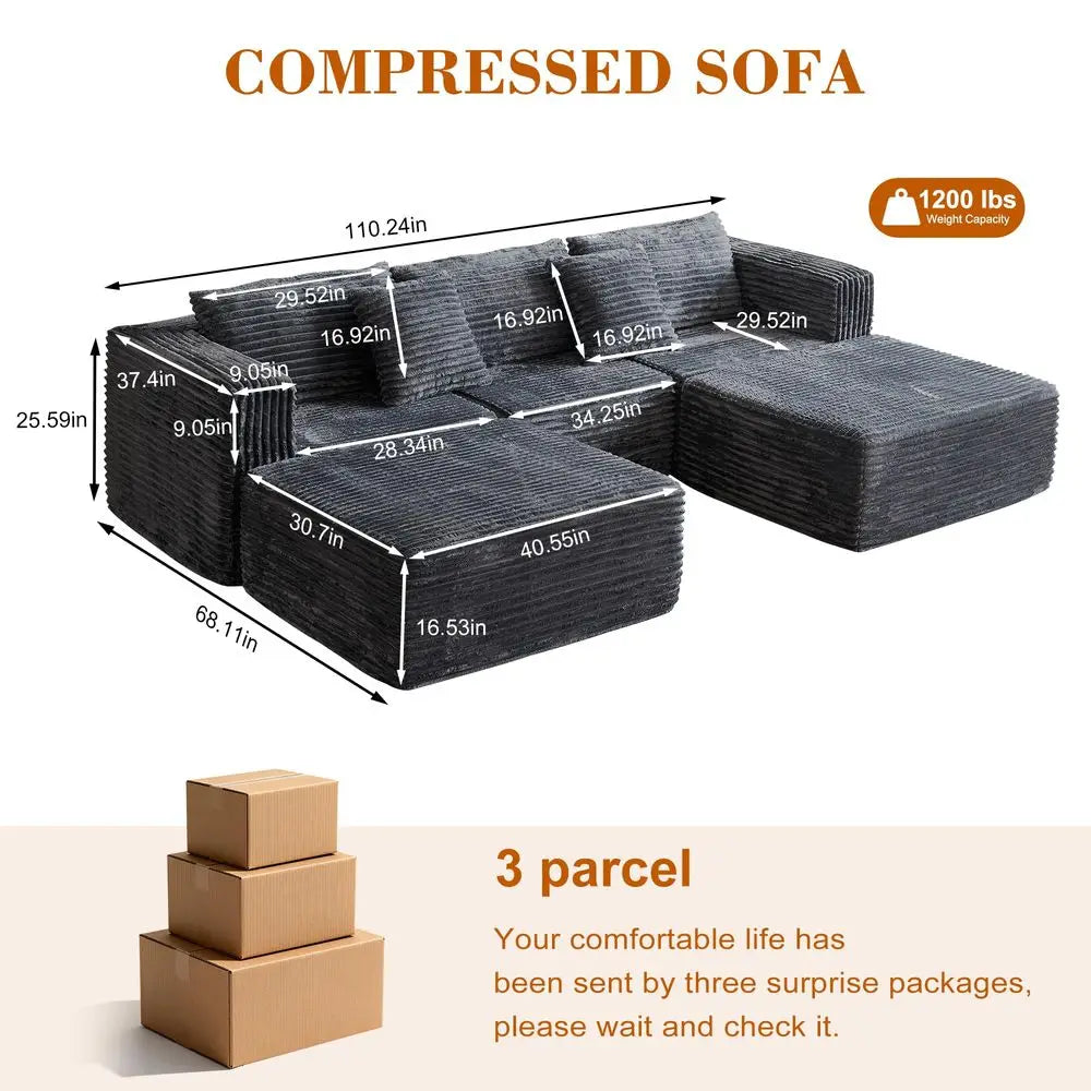 Corduroy Modular Sectional Sofa With Two Ottomans And Deep Seats