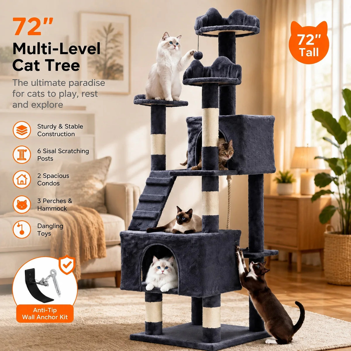 72 Inch Large Cat Tree Tower with Scratching Posts, Multi Level Cat Condo Furniture with Perches, Hammock & Toys, Stable Indoor Activity Center for Cats