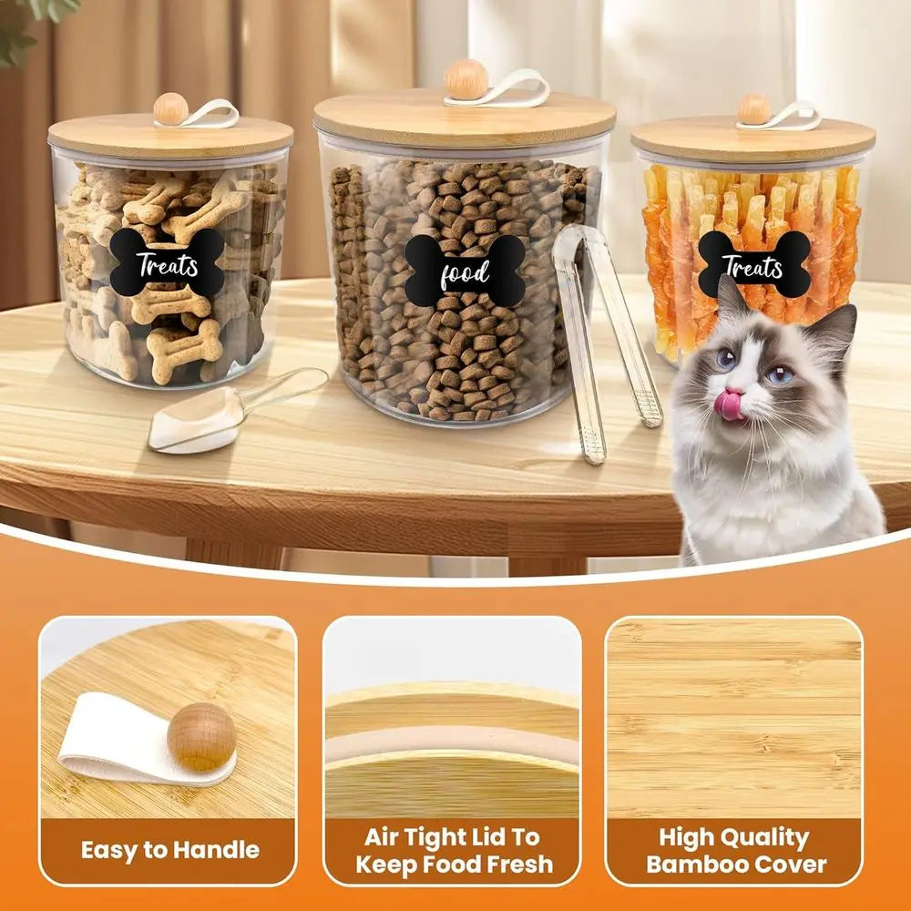 3 Pack Airtight Dog Treat Containers with Bamboo Lids, Treat Jars with Scoops, Clamps, Labels, Marker, Treat Holder