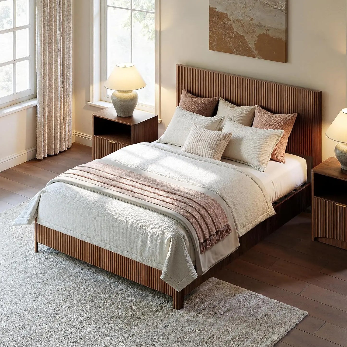 Walnut Queen Platform Bed Frame Fluted Mid Century Modern Boho No Box Spring Wavy Grooved Panel, Customized